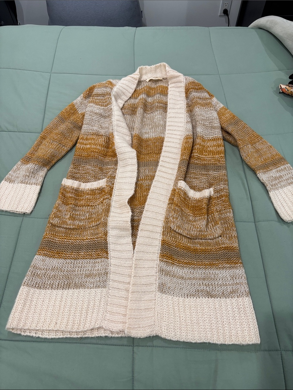 Cream & Mustard Striped Open-Front Women’s Cardigan